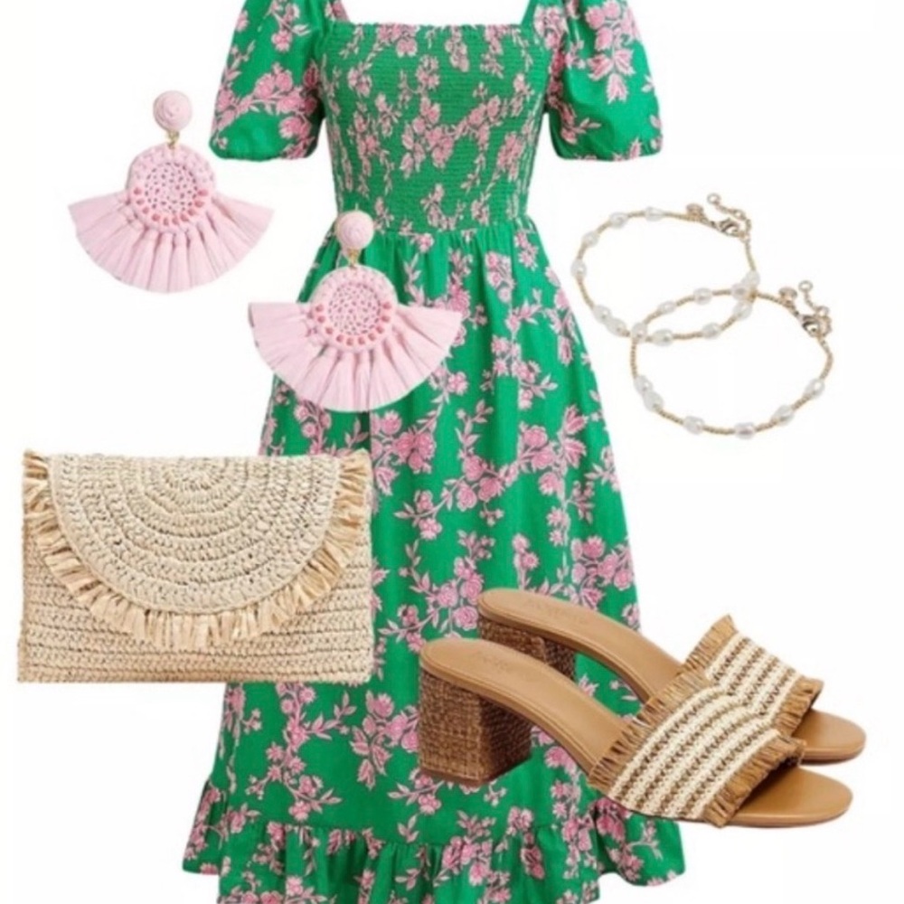 J. Crew Floral Midi Dress in Green and Pink